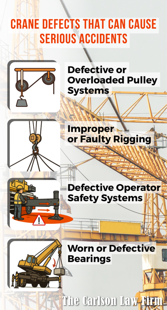 Common crane defects that can cause serious accidents, including defective pulley systems, faulty rigging, safety systems and worn bearings
