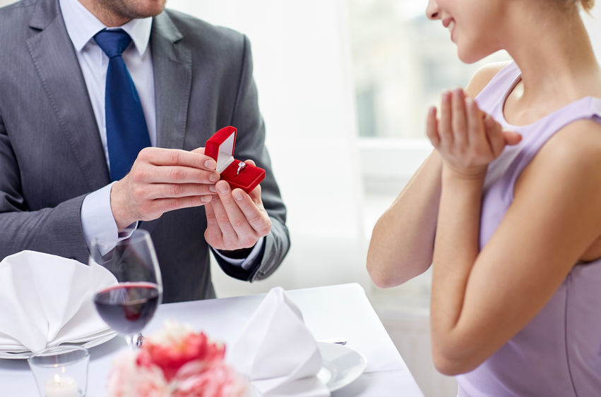 Image of man proposing to a woman at dinner
