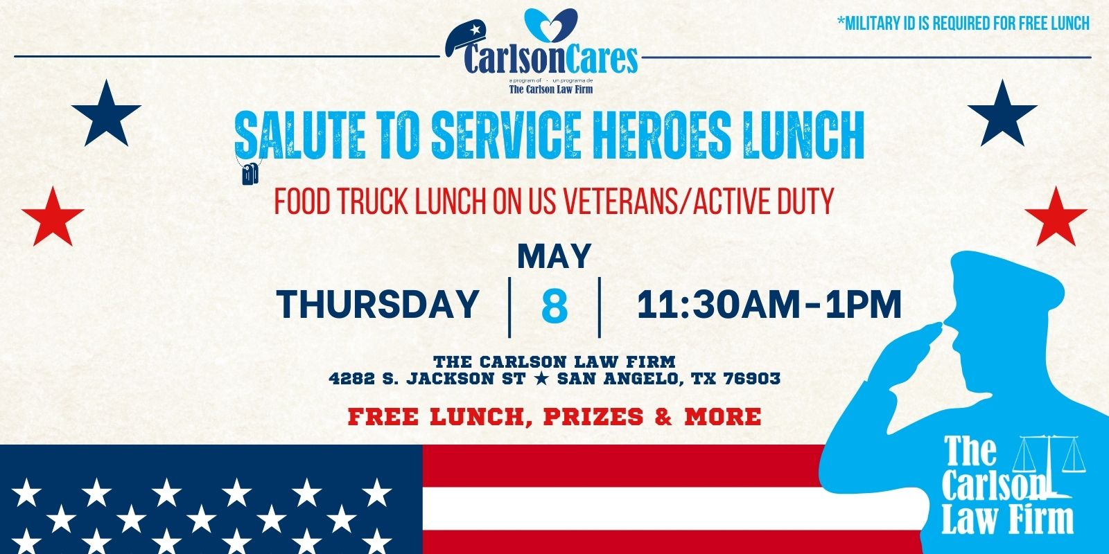 Salute to Service Lunch for Heroes, free event for veterans and active military hosted by Carlson Law Firm