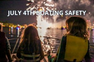 Family enjoying recreational boating on a Texas lake during the Fourth of July holiday weekend.