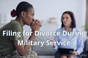 Military service member reviewing divorce paperwork with a family law attorney while learning about Texas residency and jurisdiction requirements.