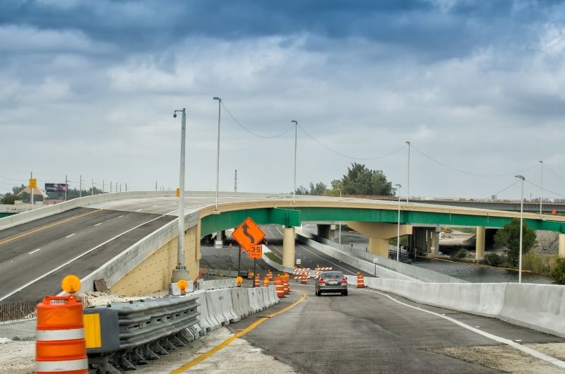 Traffic traveling through an Interstate 35 construction zone in Waco, Texas.