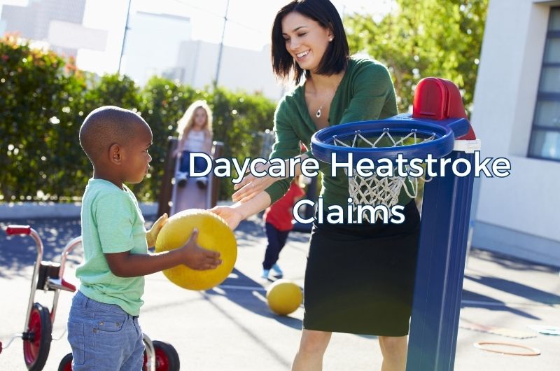 Daycare staff supervising young children playing outdoors during hot summer weather.