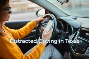 Driver using a cell phone while operating a vehicle in Texas traffic.