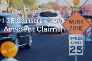 Cars and commercial trucks navigating changing lanes and construction barriers along Interstate 35 in Waco, Texas.