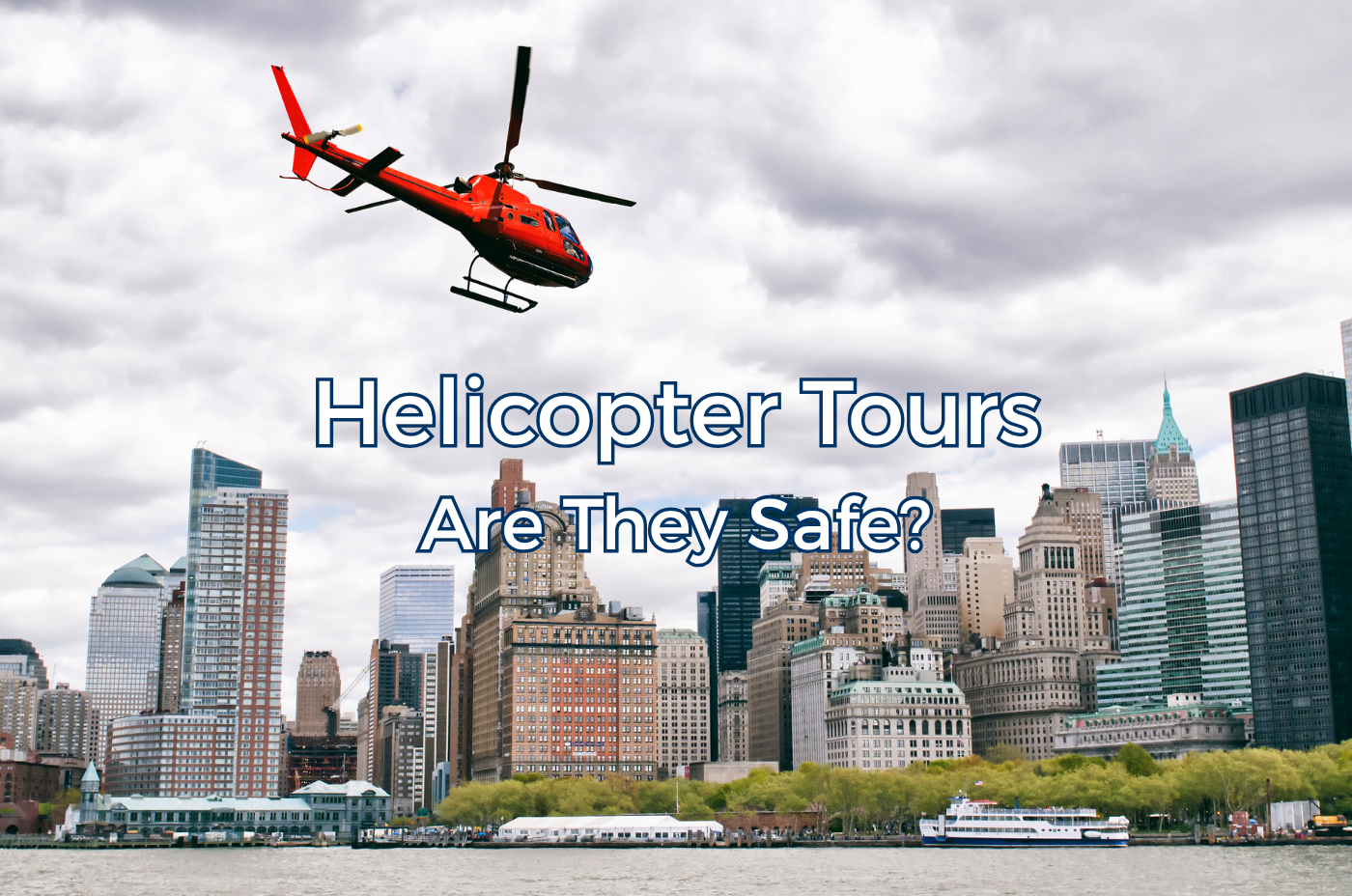 Red helicopter flying above a city skyline.