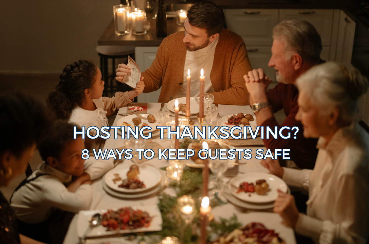 Family gathering around a Thanksgiving dinner table.