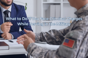 Military service member meeting with an attorney in an office.