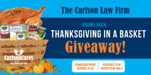 Thanksgiving meal baskets prepared for The Carlson Law Firm's Round Rock giveaway