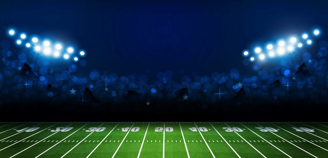 American football arena field with bright stadium lights design. Graphic of a football field