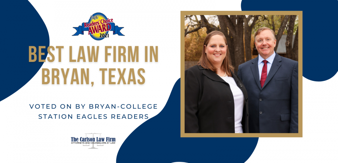 Best-Law-Firm Graphic depicting Carlson Law firm being voted Best Law Firm in Bryan, Texas by Bryan-College Station Eagles Readers