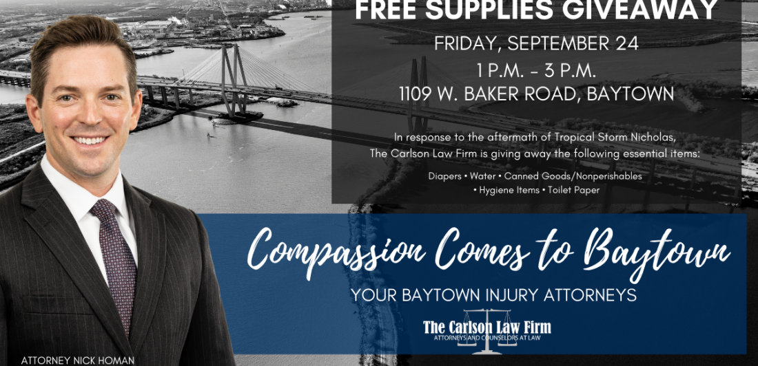 Compassion-Comes-to-Baytown Graphic for Carlson Law Firm's supply giveaway following hurricane Nicholas