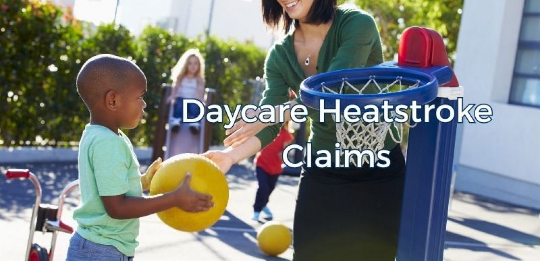 Daycare staff supervising young children playing outdoors during hot summer weather.