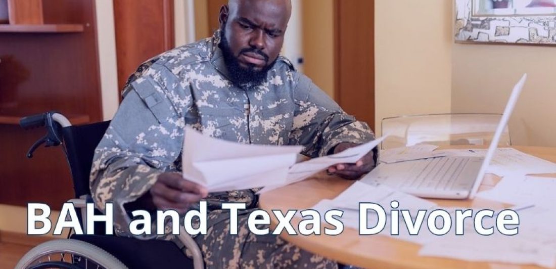 Military service member reviewing financial documents related to housing allowances and child support during a Texas divorce.