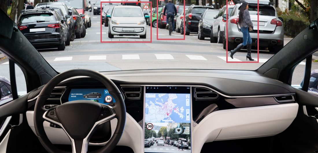 Self driving electric car without driver on a city street. Autonomous mode. Image of self driving vehicle and possible hazards