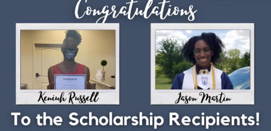 scholarship Graphic congratulating The Carlson Law Firm college scholarship recipients, Keniuh Russell and Jason Martin